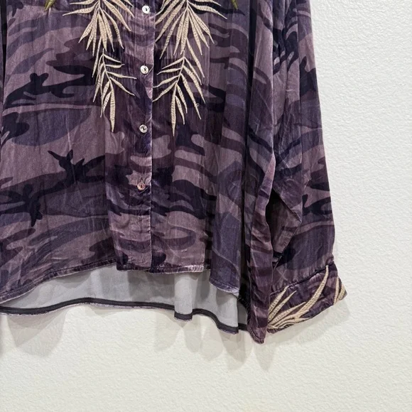 Johnny Was Velvet Purple Camouflage Floral Embroidered Shirt